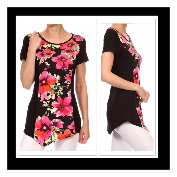 Black Floral Scoop Neck Tunic, NWOT - Picture 3 of 5